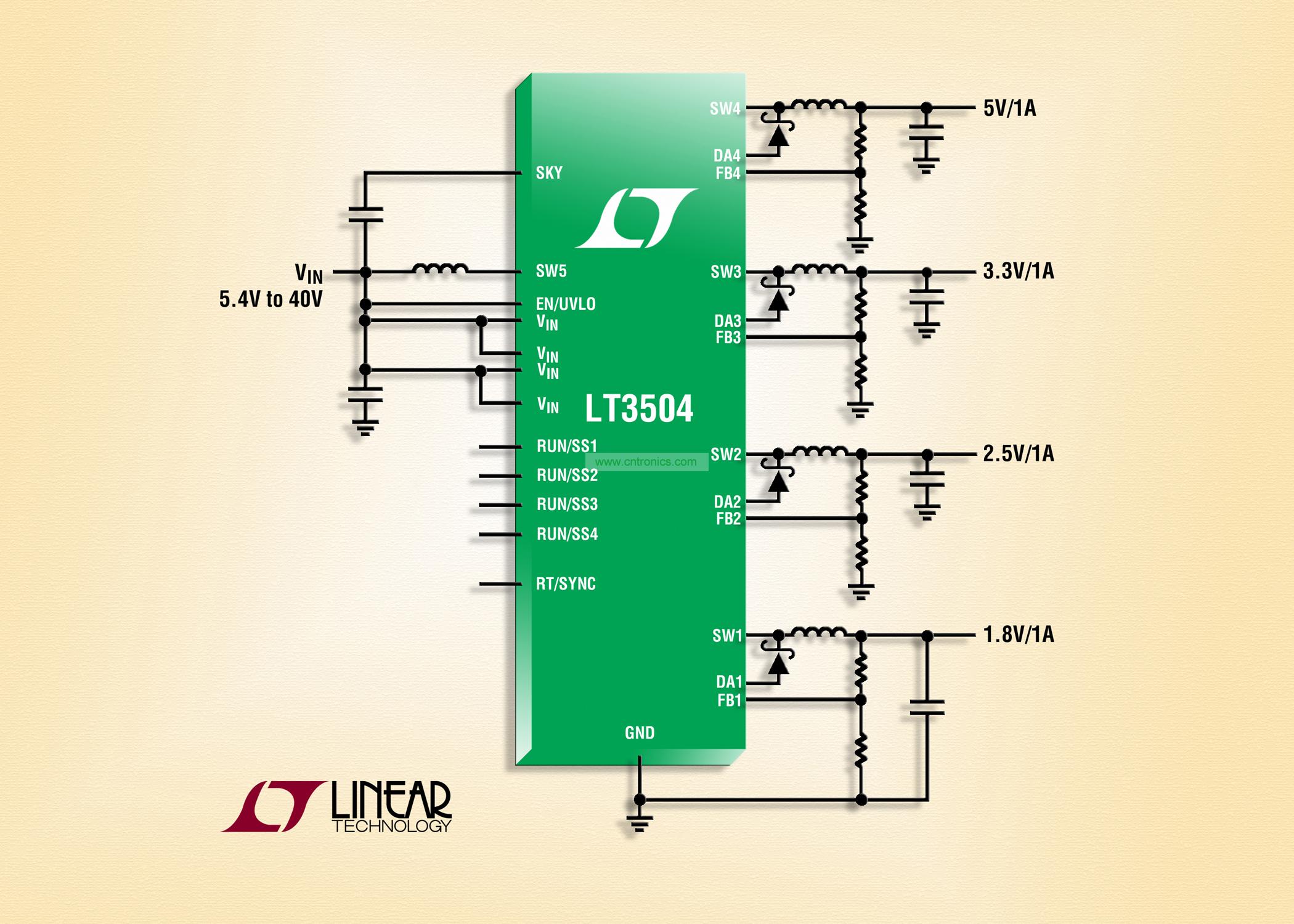 40V、4 通道 1A (IOUT)、2.2MHz 降壓型 DC/DC 轉換器