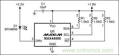 圖1：MAX44000典型電路，包括LED