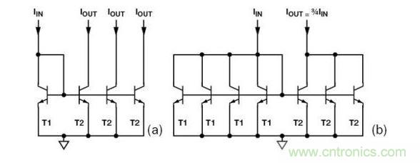 (a) 多級電流鏡 (b) 非整數(shù)比例電流鏡可將3個T2集電極結(jié)合起來,得到3IIN