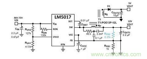 基于 LM5017 的 Fly-Buck 轉(zhuǎn)換器電路，沒有基于光耦合器的穩(wěn)壓電路